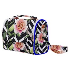 Black Chevron Peach Lilies Satchel Shoulder Bag