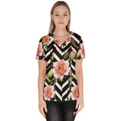 Black Chevron Peach Lilies Women s V-neck Scrub Top by GardenOfOphir