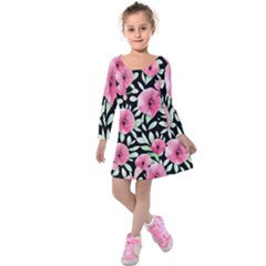 Watercolor Flowers Botanical Foliage Kids  Long Sleeve Velvet Dress