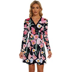 Charming Watercolor Flowers Long Sleeve Deep V Mini Dress 