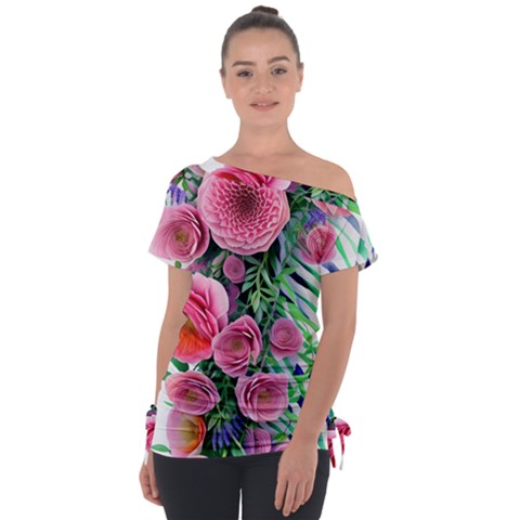 Adorned Watercolor Flowers Off Shoulder Tie-up Tee by GardenOfOphir