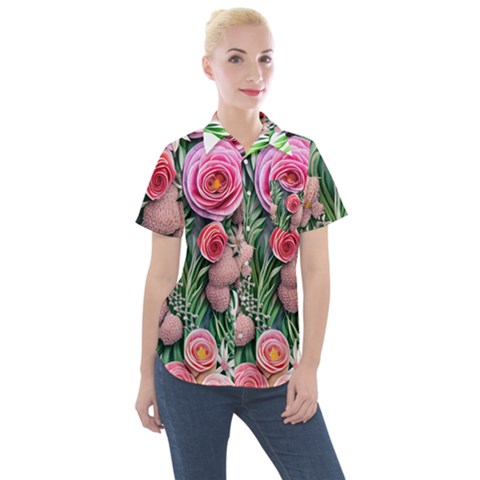 Brilliant Blushing Blossoms Women s Short Sleeve Pocket Shirt by GardenOfOphir