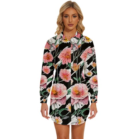 Exotic Watercolor Botanical Flowers Pattern Womens Long Sleeve Shirt Dress by GardenOfOphir