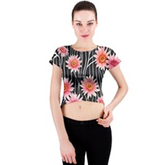 Botanical Black Pink Flowers Pattern Crew Neck Crop Top by GardenOfOphir