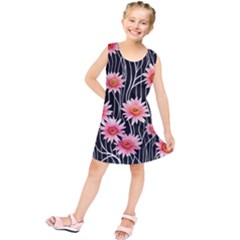 Botanical Black Pink Flowers Pattern Kids  Tunic Dress by GardenOfOphir