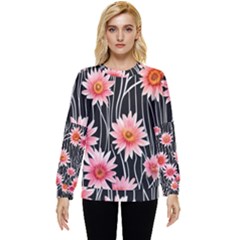 Botanical Black Pink Flowers Pattern Hidden Pocket Sweatshirt