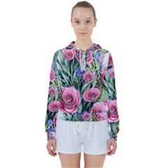 Attention-getting Watercolor Flowers Women s Tie Up Sweat