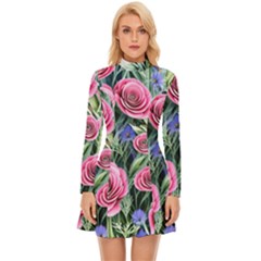 Attention-getting Watercolor Flowers Long Sleeve Velour Longline Dress by GardenOfOphir