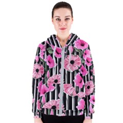 Black Stripes Beautifully Watercolor Flowers Women s Zipper Hoodie