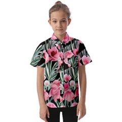 Expressive Watercolor Flowers Botanical Foliage Kids  Short Sleeve Shirt by GardenOfOphir