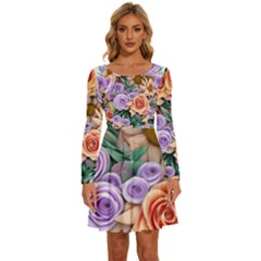 Cheerful And Captivating Watercolor Flowers Long Sleeve Wide Neck Velvet Dress