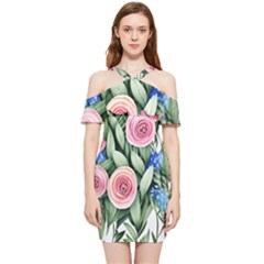 County Charm – Watercolor Flowers Botanical Shoulder Frill Bodycon Summer Dress by GardenOfOphir