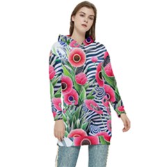 Cherished Blooms – Watercolor Flowers Botanical Women s Long Oversized Pullover Hoodie by GardenOfOphir