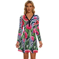 Cherished Blooms – Watercolor Flowers Botanical Long Sleeve Deep V Mini Dress 