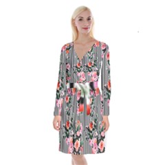 Classic Watercolor Flowers Long Sleeve Velvet Front Wrap Dress by GardenOfOphir