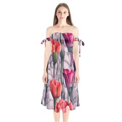 Color-infused Watercolor Flowers Shoulder Tie Bardot Midi Dress by GardenOfOphir