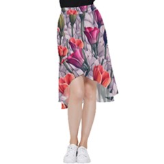 Color-infused Watercolor Flowers Frill Hi Low Chiffon Skirt by GardenOfOphir