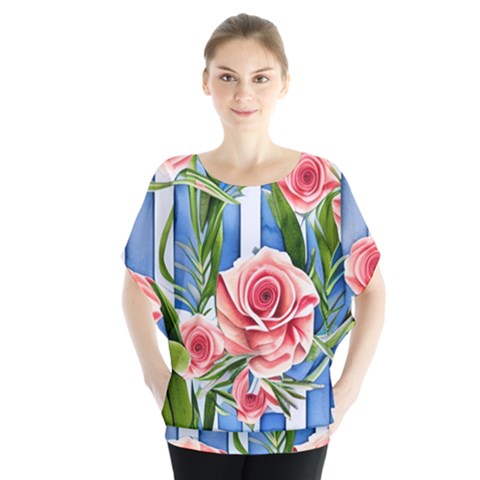 Chic Watercolor Flowers Batwing Chiffon Blouse by GardenOfOphir