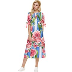 Chic Watercolor Flowers Bow Sleeve Chiffon Midi Dress by GardenOfOphir