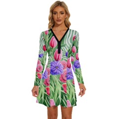 Exquisite Watercolor Flowers Long Sleeve Deep V Mini Dress 