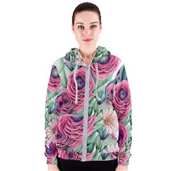 Majestic Watercolor Flowers Women s Zipper Hoodie by GardenOfOphir