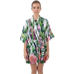 Sumptuous Watercolor Flowers Half Sleeve Satin Kimono 