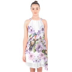 Hummingbird In Floral Heart Halter Collar Waist Tie Chiffon Dress by augustinet