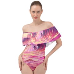 Ai Generated Waves Ocean Sea Tsunami Nautical Red Yellow Off Shoulder Velour Bodysuit  by Ravend