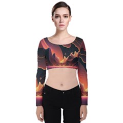 Fire Flame Burn Hot Heat Light Burning Orange Velvet Long Sleeve Crop Top by Ravend