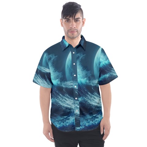 Moonlight High Tide Storm Tsunami Waves Ocean Sea Men s Short Sleeve Shirt by Ravend