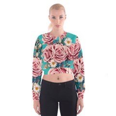 Coral Blush Rose On Teal Cropped Sweatshirt by GardenOfOphir