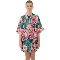 Coral Blush Rose On Teal Half Sleeve Satin Kimono  by GardenOfOphir