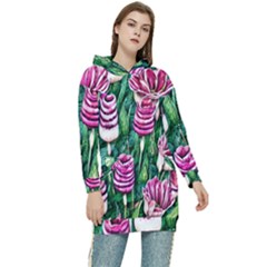 Attractive Watercolor Flowers Women s Long Oversized Pullover Hoodie