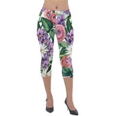 Brilliant Blushing Blossoms Lightweight Velour Capri Leggings  by GardenOfOphir