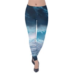 Thunderstorm Storm Tsunami Waves Ocean Sea Velvet Leggings by Ravend