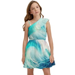 Tsunami Waves Ocean Sea Nautical Nature Water Nature Kids  One Shoulder Party Dress by Ravend