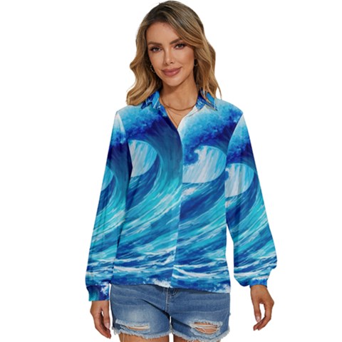 Tsunami Tidal Wave Ocean Waves Sea Nature Water Blue Painting Women s Long Sleeve Button Down Shirt by Ravend