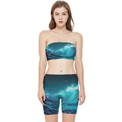 Tsunami Waves Ocean Sea Nautical Nature Water Stretch Shorts And Tube Top Set by Ravend