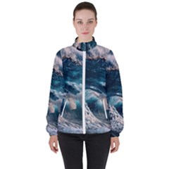 Tsunami Waves Ocean Sea Water Rough Seas 5 Women s High Neck Windbreaker by Ravend