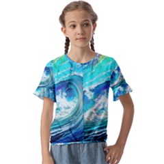 Tsunami Waves Ocean Sea Nautical Nature Water Painting Kids  Cuff Sleeve Scrunch Bottom Tee