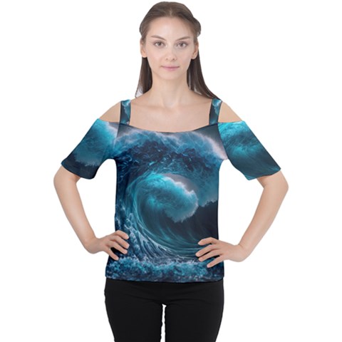 Tsunami Waves Ocean Sea Water Rough Seas 4 Cutout Shoulder Tee by Ravend