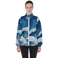 Waves Ocean Sea Pattern Water Tsunami Rough Seas Women s High Neck Windbreaker by Ravend