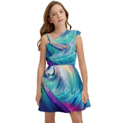 Waves Ocean Sea Tsunami Nautical Nature Water Kids  One Shoulder Party Dress by Ravend