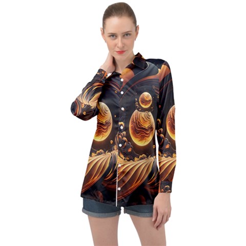 Ai Generated Swirl Space Design Fractal Light Abstract Long Sleeve Satin Shirt by Ravend