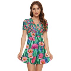 Blossom-filled Watercolor Flowers V-neck High Waist Chiffon Mini Dress by GardenOfOphir