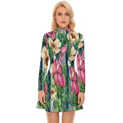 Big And Bright Watercolor Flowers Long Sleeve Velour Longline Dress by GardenOfOphir