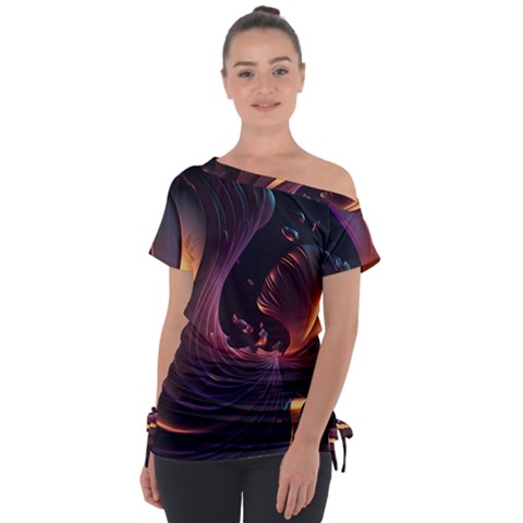 Ai Generated Swirls Space Design Fractal Light 3d Art Pattern Off Shoulder Tie-up Tee by Ravend