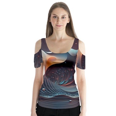 Ai Generated Space Design Fractal Light Motion Butterfly Sleeve Cutout Tee  by Ravend