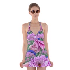 Broken And Budding Watercolor Flowers Halter Dress Swimsuit  by GardenOfOphir