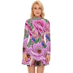 Broken And Budding Watercolor Flowers Long Sleeve Velour Longline Dress by GardenOfOphir